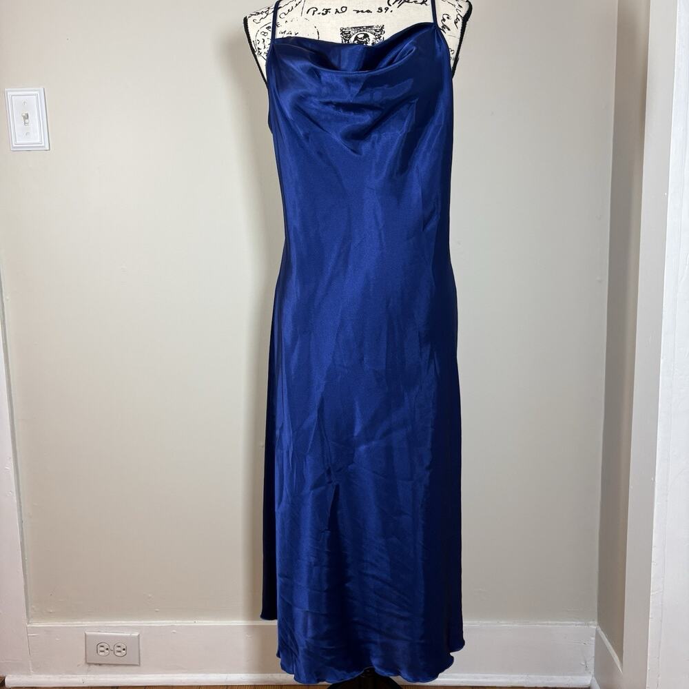 Vintage 90s Bebe Royal Blue Satin Cowl Neck Midi Slip Dress Size L